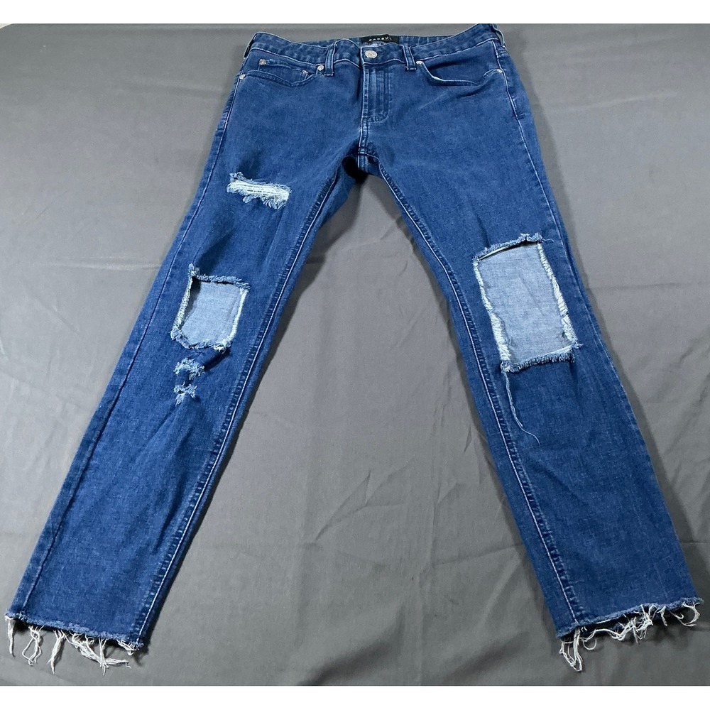 PacSun Skinniest Distressed Blue Jean Mens 32x32 Ripped Knee Raw Hem Medium Wash
